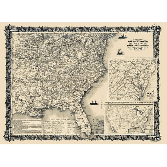 Historical Civil War Map - Middle Southern States Statistical Military - Thayer 1861 - 23 x 31.45 - Vintage Wall Art