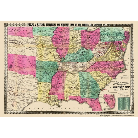 Historical Civil War Map - Military Border Southern States - Phelps 1863 - Vintage Wall Art