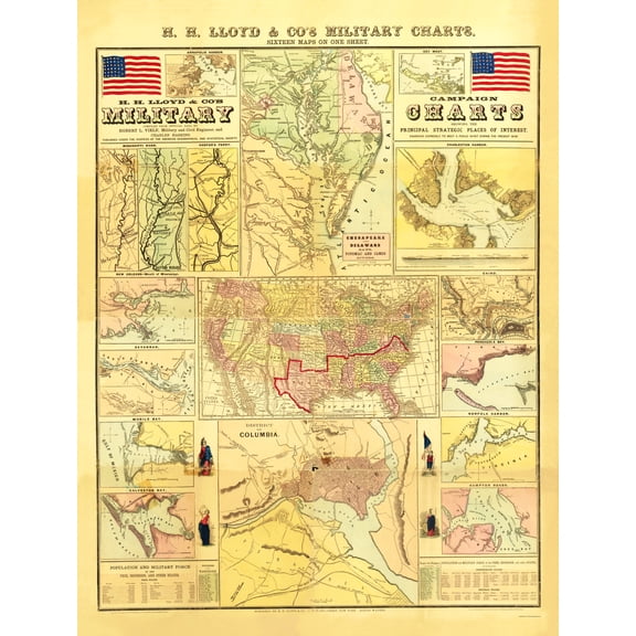 Historical Civil War Map - Military Campaign Charts of United States - Lloyd 1861 - 23 x 30.33 - Vintage Wall Art