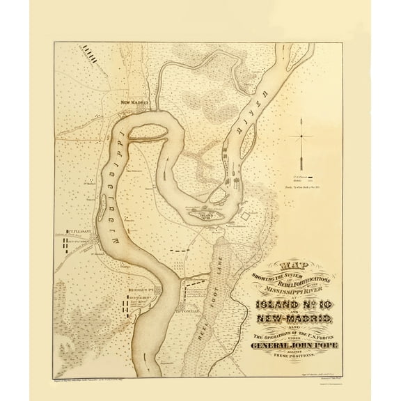 Historical Civil War Map - Mississippi River Island Number 10 New Madrid - Hoelcke 1862 - 23 x 26.96 - Vintage Wall Art
