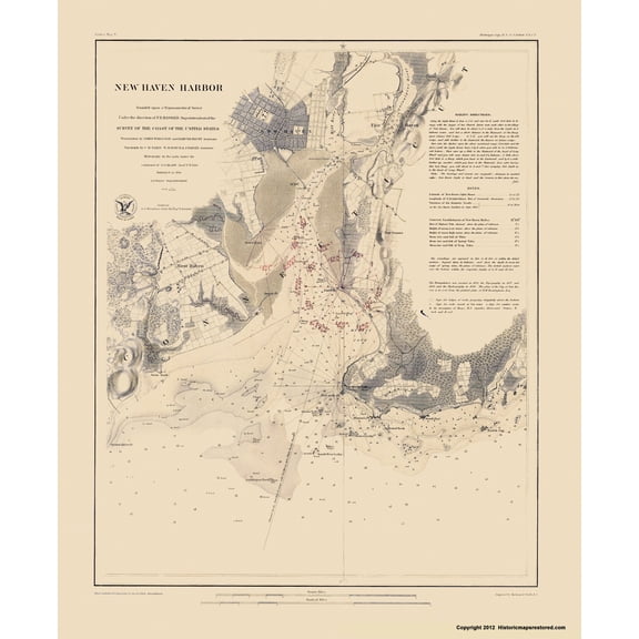 Historical Civil War Map - New Haven Harbor - Bache 1864 - Vintage Wall Art