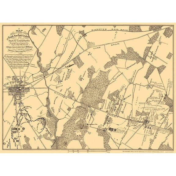 Historical Civil War Map - New York Tenth Cavalry Gettysburg- Stuart 1863  - Vintage Wall Art