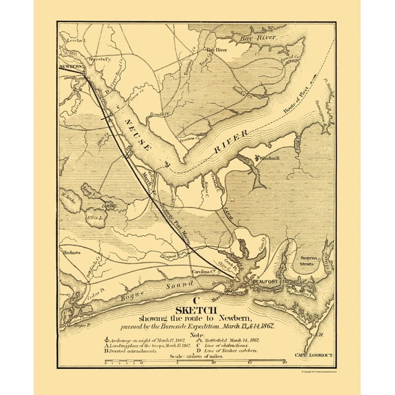 Historical Civil War Map - Newbern North Carolina Burnside Expedition Route - Foster 1866