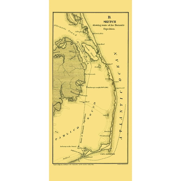 Historical Civil War Map - North Carolina Burnside Expedition Route - Foster 1866 - 23 x 50.13 - Vintage Wall Art