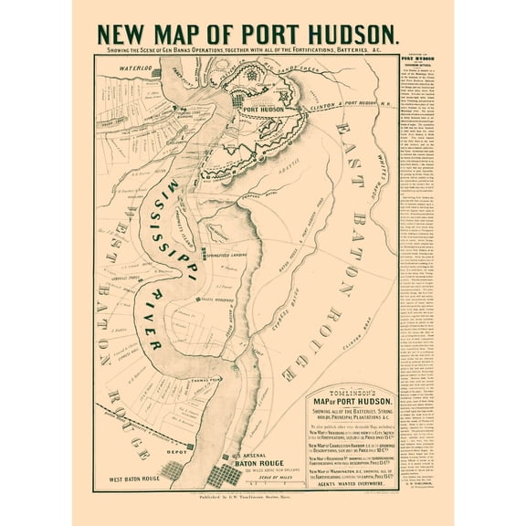 Historical Civil War Map - Port Hudson Louisiana - Tomlinson 1863 - 23 x 31.66 - Vintage Wall Art
