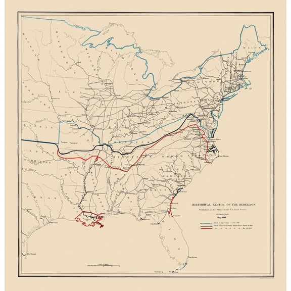 Historical Civil War Map - Rebellion Historical Sketch May - Bache 1862 - 23 x 23.73 - Vintage Wall Art