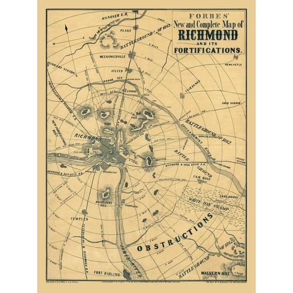 Historical Civil War Map - Richmond Virginia - Forbes 1864 - 23 x 30.85 - Vintage Wall Art