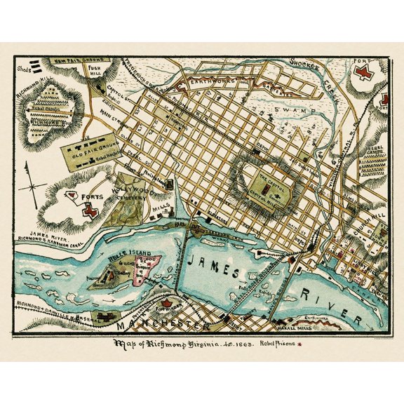 Historical Civil War Map - Richmond Virginia - Sneden 1863 - 29 x 23 - Vintage Wall Art
