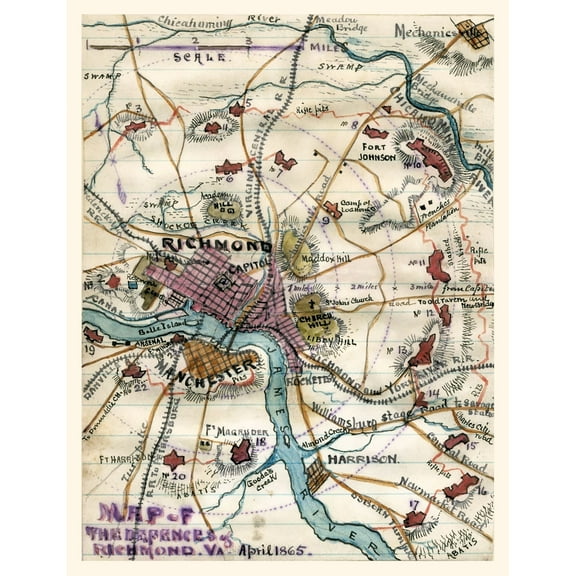Historical Civil War Map - Richmond Virginia - Sneden 1865 - 23 x 29.98 - Vintage Wall Art