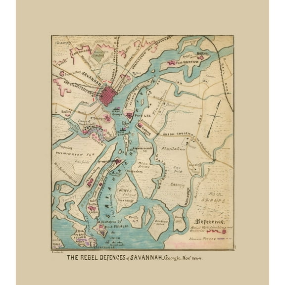 Historical Civil War Map - Savannah Georgia Defences - Sneden 1864 - 23 x 25.87 - Vintage Wall Art