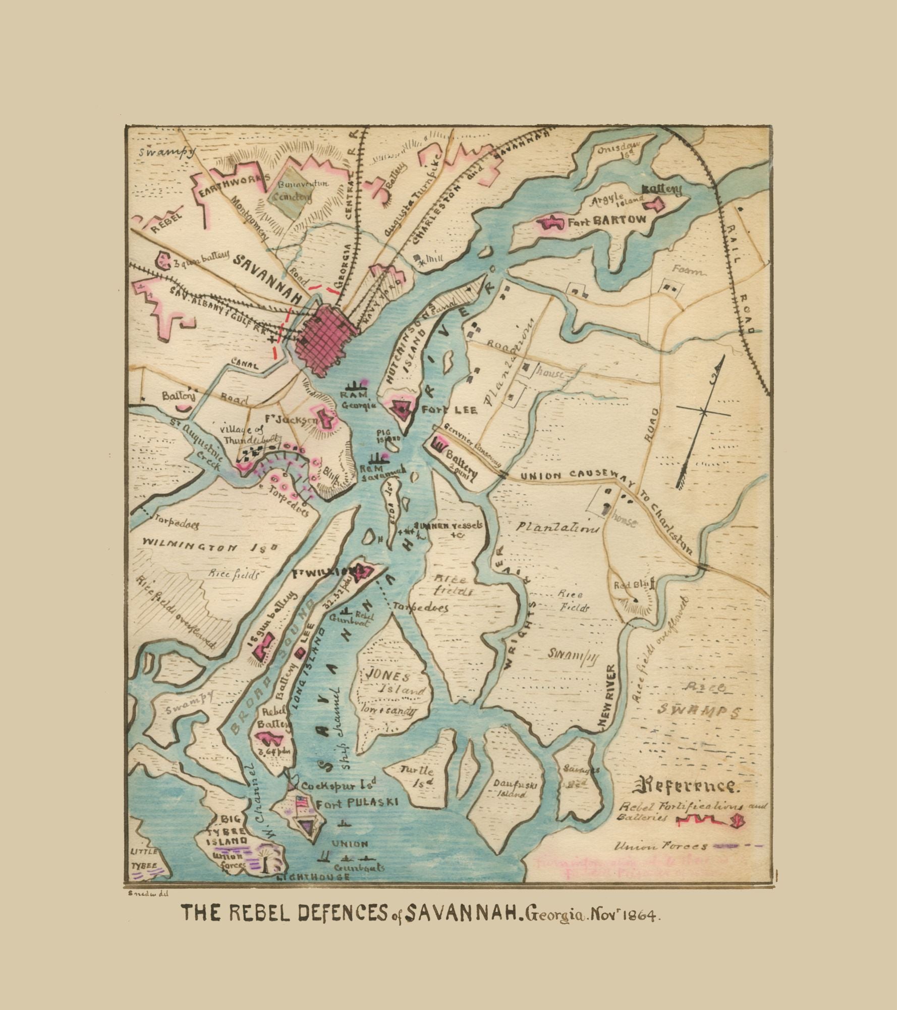 Historical Civil War Map Savannah Defences Sneden 1864 23