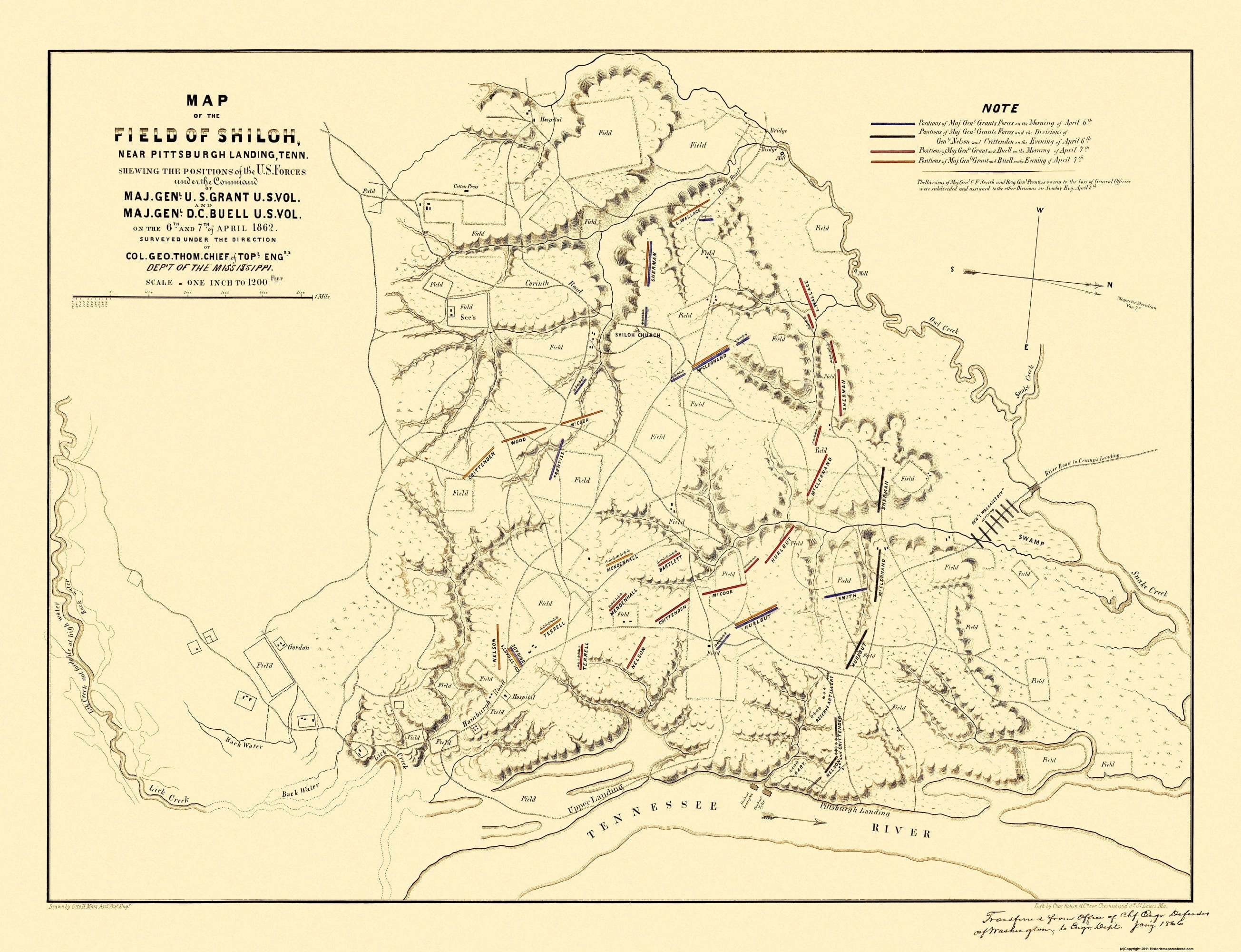 Matz Map Historical Civil War Map - Shiloh Field Tennessee - Matz 1862 - Vintage ...