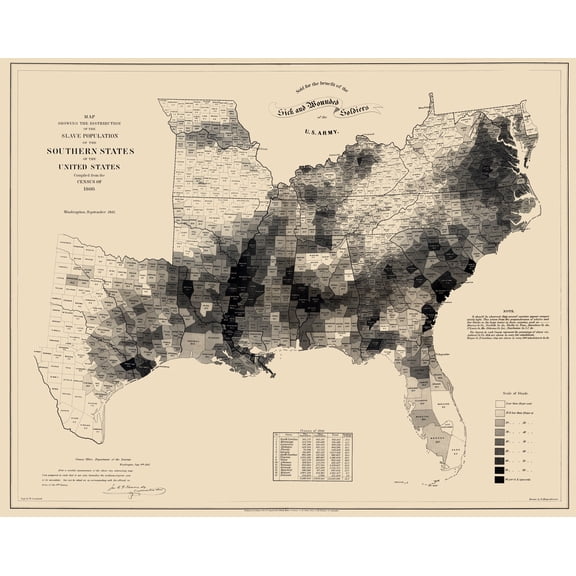 Historical Civil War Map - Southern States Slave Population - Hergesheimer 1861 - Vintage Wall Art