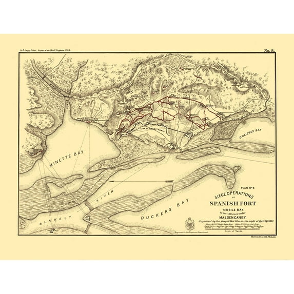 Historical Civil War Map - Spanish Fort Mobile Bay Alabama - Palfrey 1866 - 29.89 x 23 - Vintage Wall Art