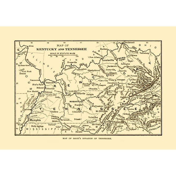 Historical Civil War Map - Tennessee Hoods Invasion -Century 1864 - 32.86 x 23 - Vintage Wall Art
