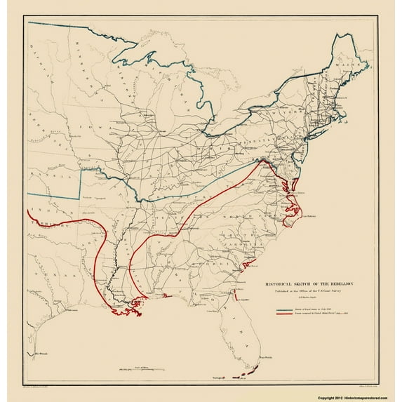 Historical Civil War Map - United Eastern States Rebellion - Bache 1863 - Vintage Wall Art