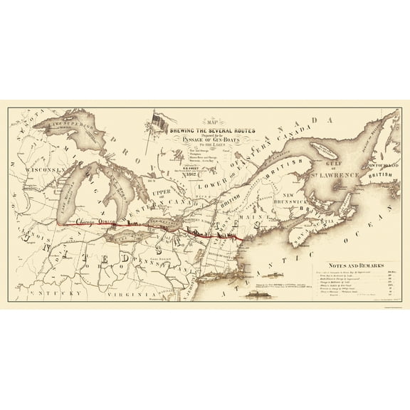 Historical Civil War Map - United States Canada Gunboat Routes - Sweet 1862 - 44.81 x 23 - Vintage Wall Art