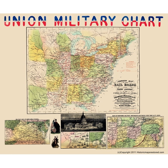 Historical Civil War Map - United States Canada Railroads Water Courses - Magnus 1861 - 23 x 27.38 - Vintage Wall Art