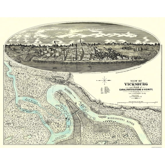 Historical Civil War Map - Vicksburg Mississippi Vicinity - Wrotnowski 1863 - Vintage Wall Art