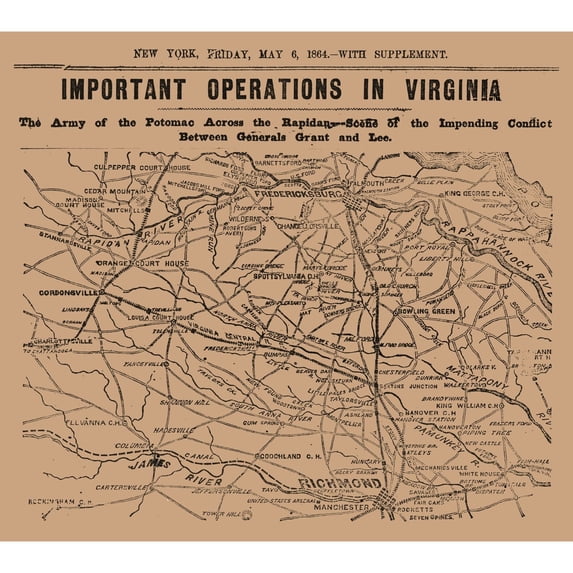 Historical Civil War Map - Virginia Important Operations - New York Herald 1864 - Vintage Wall Art