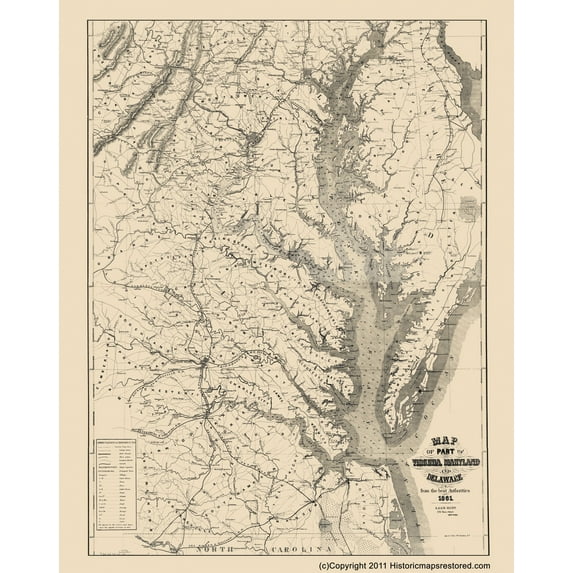 Historical Civil War Map - Virginia Maryland Delaware - Blunt 1861 - Vintage Wall Art