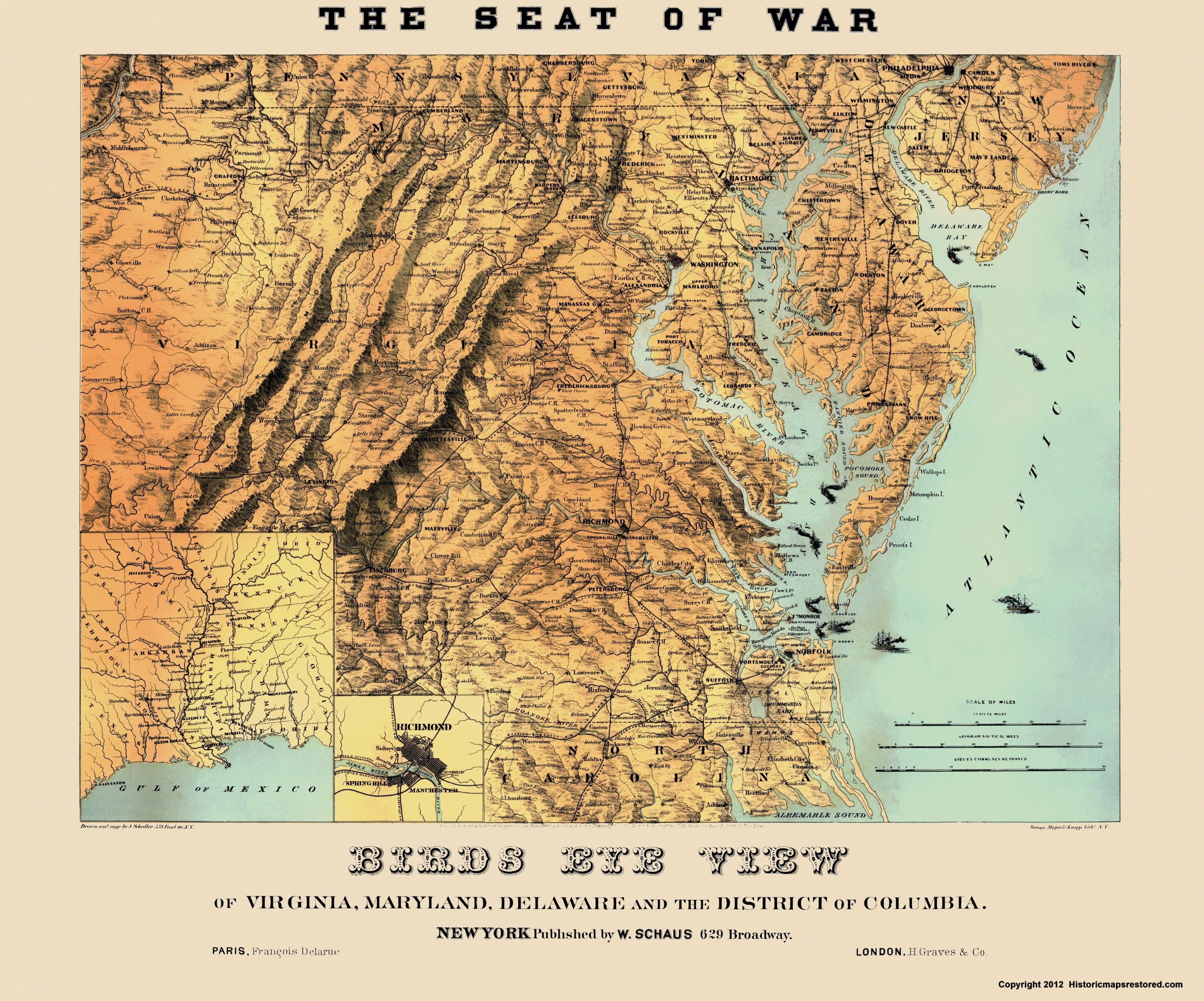Historical Civil War Map - Virginia Maryland Delaware Washington DC ...