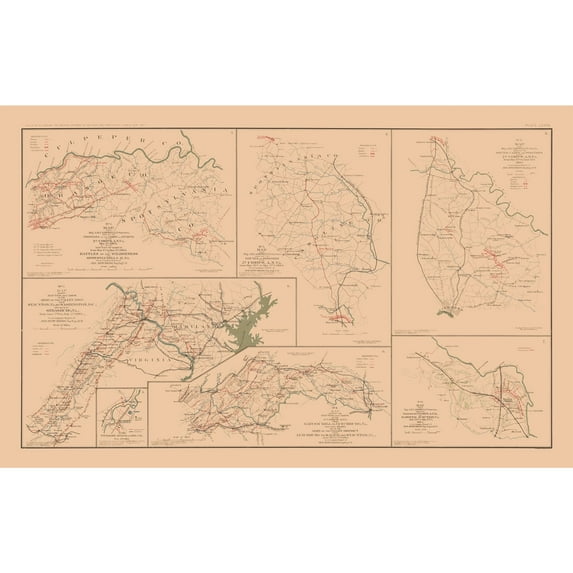 Historical Civil War Map - Virginia Routes Camps Positions 7 Views - Hotchkiss 1894 - WallArt