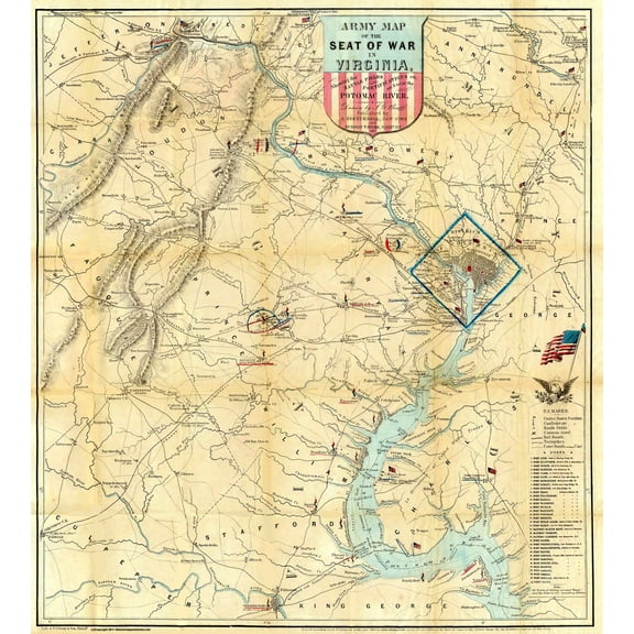 Historical Civil War Map - Virginia Theatre - Disturnell 1861 - 23 x 25.44 - Vintage Wall Art