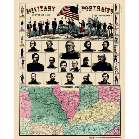 Historical Civil War Map - Western Border States Military Portraits - Lloyd 1861 - 23 x 28.54 - Vintage Wall Art