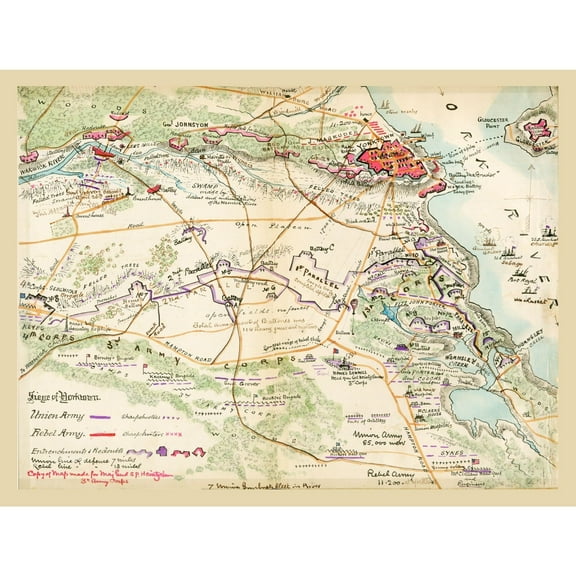 Historical Civil War Map - Yorktown Virginia - Heinitzelman 1862 - 30.33 x 23 - Vintage Wall Art