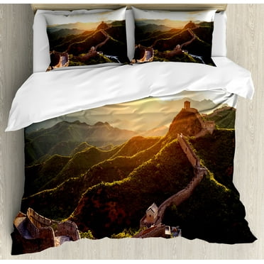 Historical Duvet Cover Set, Structure at Sunset Time Mystic Image in Spring Season Trees Print, Decorative 3 Piece Bedding Set with 2 Pillow Shams, Calking Size, Yellow Green, by Ambesonne