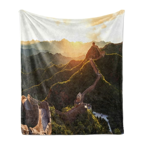 Historical Soft Flannel Fleece Throw Blanket, Structure at Sunset Time Hazy Mystic Image in Spring Season Trees Print, Cozy Plush for Indoor and Outdoor Use, 50" x 60", Yellow Green, by Ambesonne