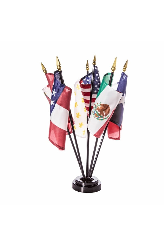 Historical Texas 6 Flags Miniature Flag Desk Set With Black Base