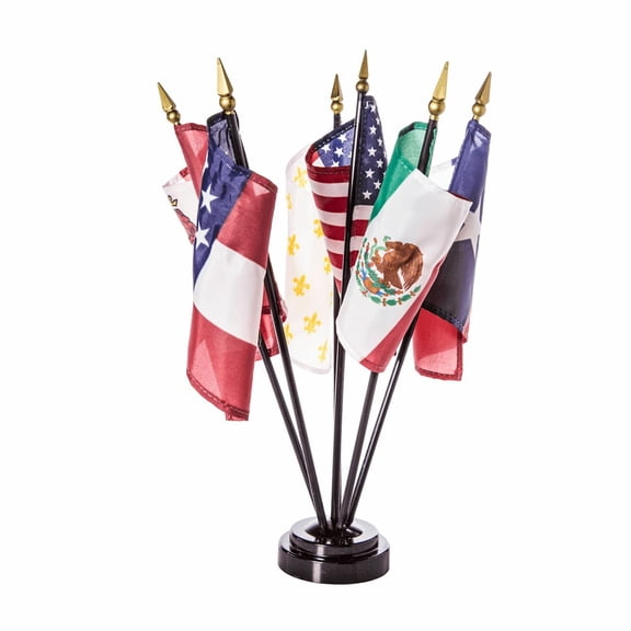 Historical Texas 6 Flags Miniature Flag Desk Set With Black Base