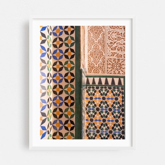 Historical Tiles - Alhambra Granada Spain - Granada Andalusia Spain Photography Geometric Pattern Architecture Mediterranean Art Deco Abstract White Framed Wall Art Print 9 x 12 inches