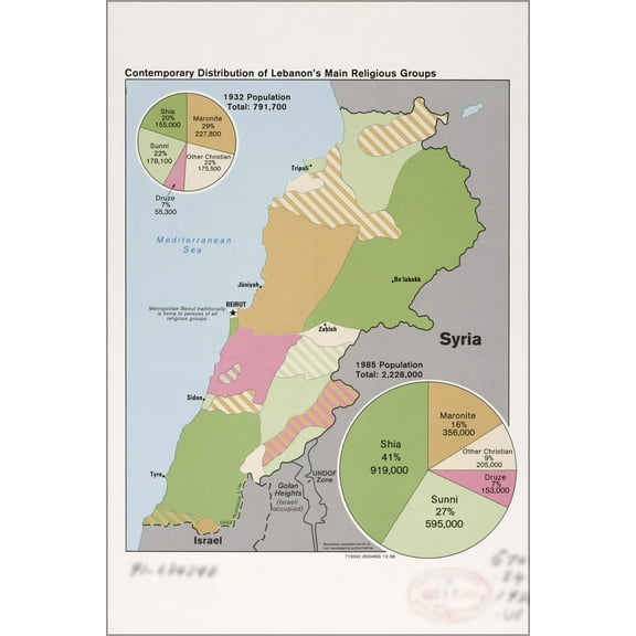 History Galore CIA Map of Lebanon Main Religious Groups 1988 24" x 36" Poster