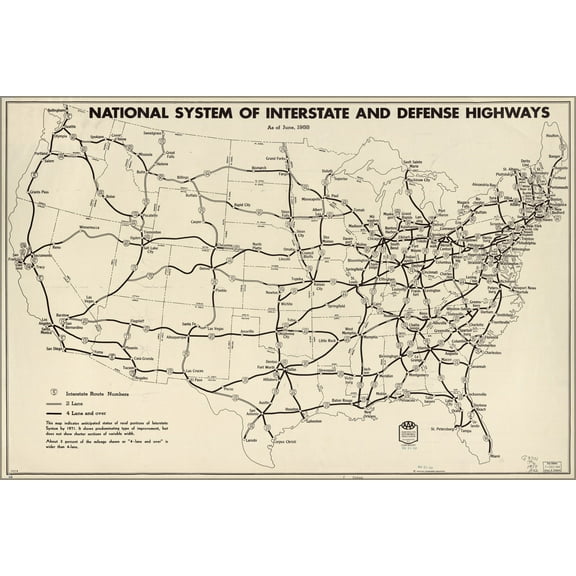 History Galore Map National Interstate and Defense Highways 1958 36" x 24" Poster