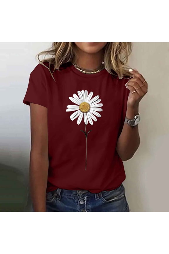 of s T Shirts for Women Short Sleeve Summer Tops Floral Graphic Tees Casual Tunic Cute T-Shirt Loose Fit Crew Neck Blouses Plus Size Basic Shirts In Store