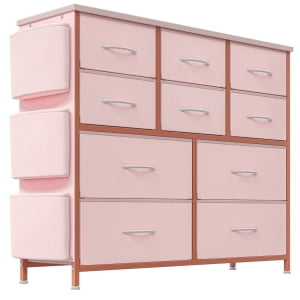 Historyli 10 Drawers Dresser for Bedroom,Fabric Storage Drawer,Dressers & Chest of Drawers with Side Pockets,Hooks,Wood Tabletop for Living Room,Hallway,Pink