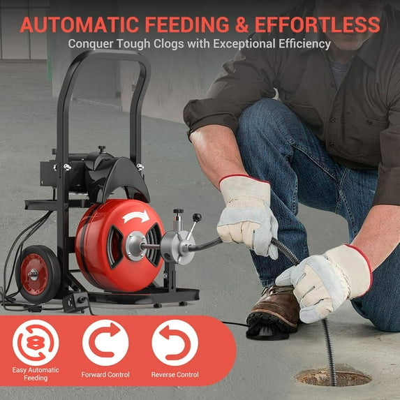 Historyli 100Ft x 1/2 Inch Drain Cleaner Machine,Sewer Snake Auger Electric Drain Auger Cleaner with 4 Cutters and Foot Switch for 2 to 4InchPipes Cleaning,Red