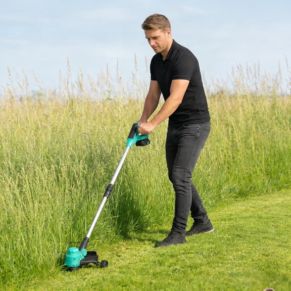 Historyli 12-inch Electric String Trimmer Cordless, 20V Lawn Mower Tool with Charger & 8 Spool Lines, Light Blue