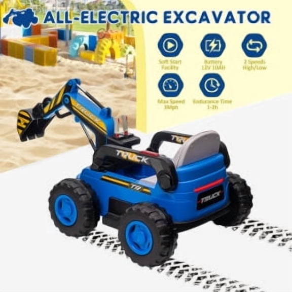 Historyli 12V Ride On Excavator, 4WD Electric Excavator Toy, with Remote Control, Blue