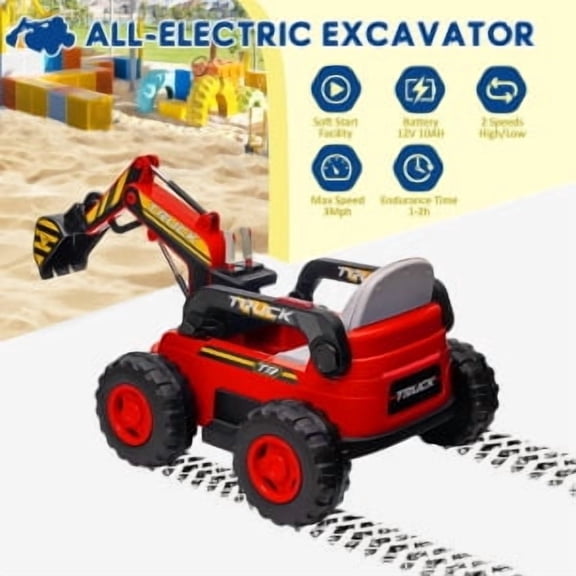Historyli 12V Ride On Excavator, 4WD Electric Excavator Toy, with Remote Control, Red