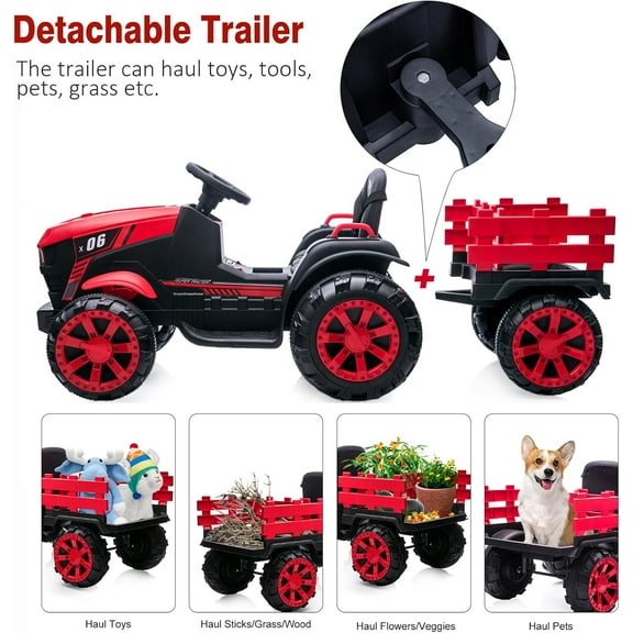 Historyli 12V Ride On Tractor, with Remote Control, Battery Powered, with Detachable Trailer, Red