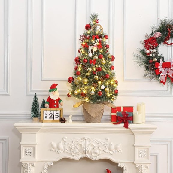 Historyli 1Pc 3ft Christmas Tree,Artificial Tree with Multi-Function 78 LED Lights,Red Berries Decor,Natural Burlap Wrap Base,Holiday Decor for Tabletops,Small Spaces