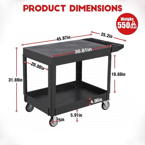 Historyli 2-Tier Plastic Utility Cart, Flat Top Rolling Tool Cart with 360 Swivel Wheels for Garage, Black