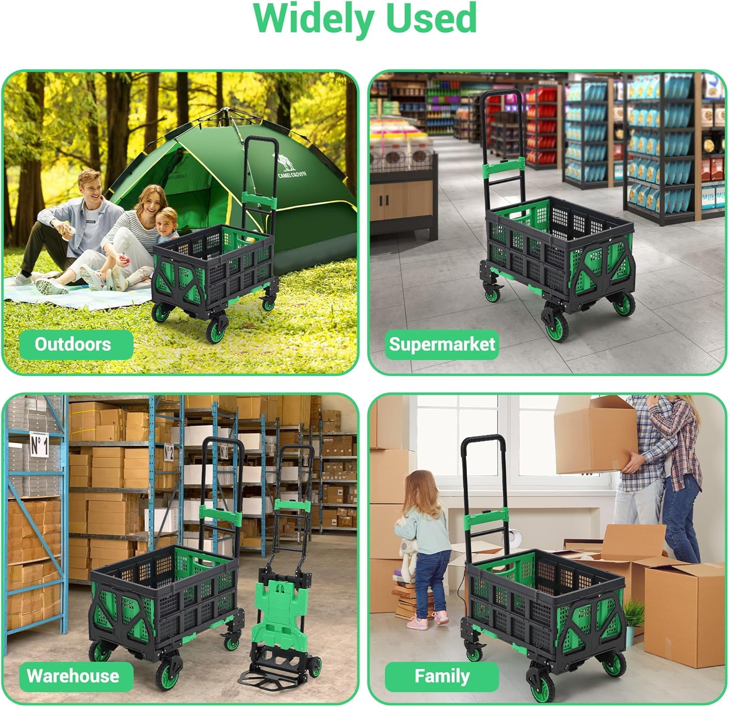 Historyli 2-in-1 Folding Hand Truck Dolly Cart with Wheels, Heavy-Duty Foldable Grocery Cart with Retractable Handle, Green