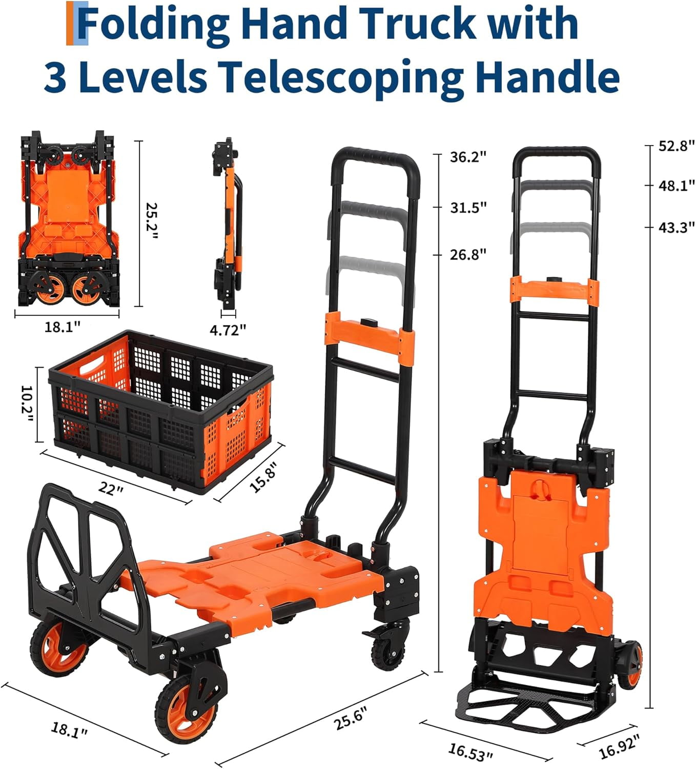 Historyli 2-in-1 Folding Hand Truck Dolly Cart with Wheels, Heavy-Duty Foldable Grocery Cart with Retractable Handle, Orange