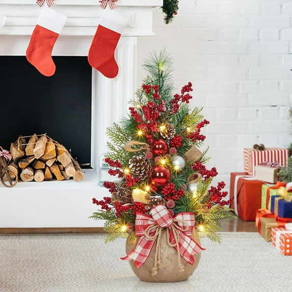 Historyli 24IN Mini Christmas Tree with LED Lights - Frosted Artificial Tree,Battery Operated Tabletop Decor, for Home/Office Gift,Red Green