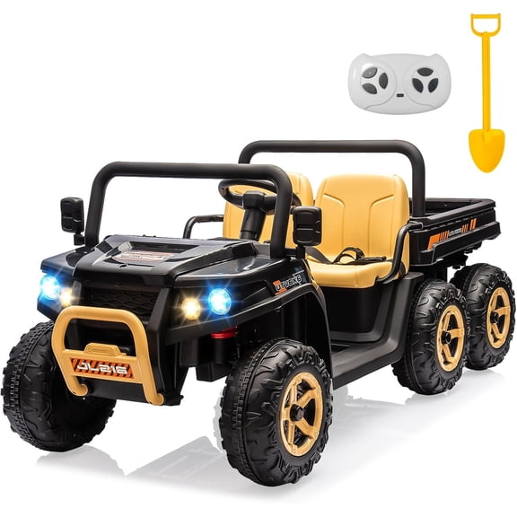 Historyli 24V 4WD Ride on Dump Truck,All Terrain 2-Seater 6-Wheel UTV with Parent Remote Control for Ages 3-8,Electric Dump Bed & Shovel,Bluetooth Music,LED Headlights,Black